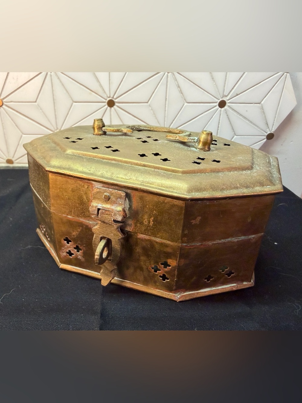 Vintage Chinese Brass Cricket Box Cage Octagonal Pierced Lidded Container